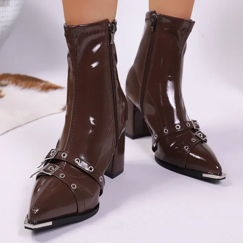 

Pointed Toe Belt Buckle Booties Women's High Heel Back Zipper Heightened Temperament Premium Block Heel Shoes