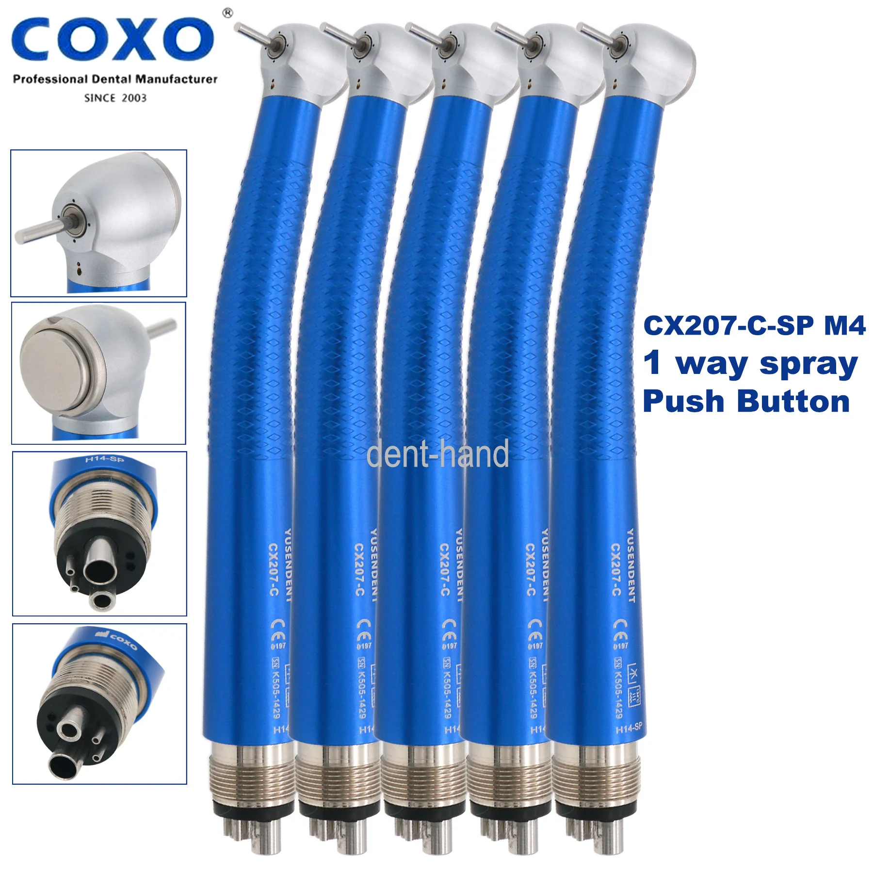 COXO YUSENDENT Dental Colorful Push Button Air Turbine High Speed Handpiece CX207-C-M4 4 Holes Blue Single Water Spray Blue