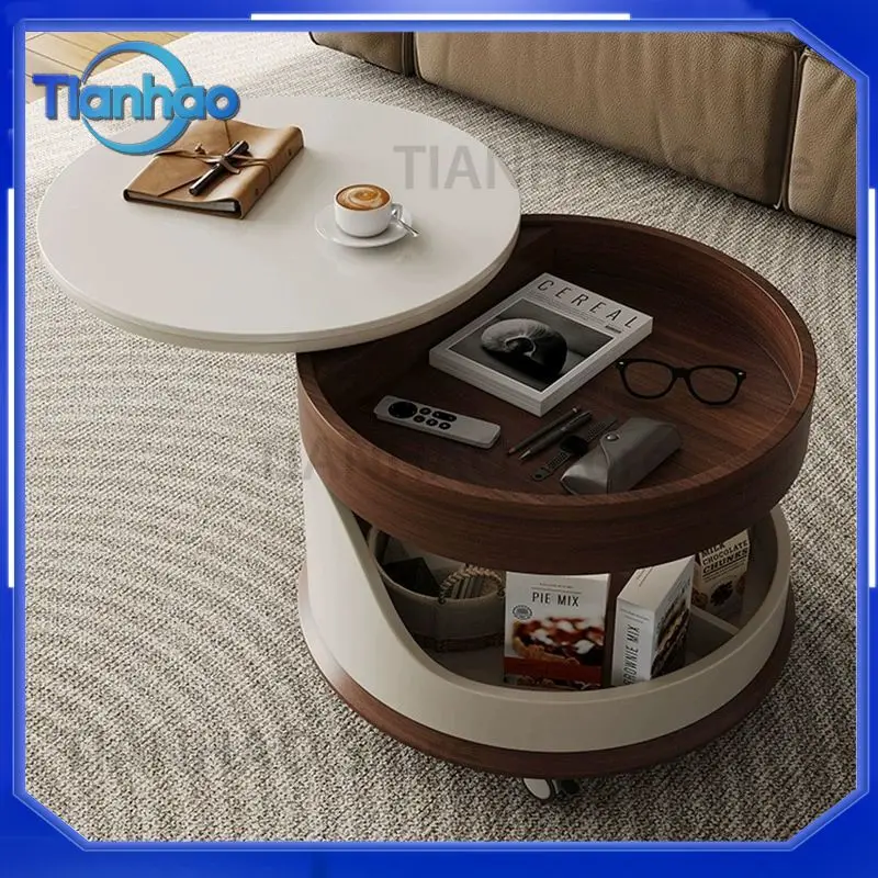 Round Movable Coffee Table Side Table on Wheels Multifunctional Sofa Living Room Bedside Table for Modern Light Luxury Decor