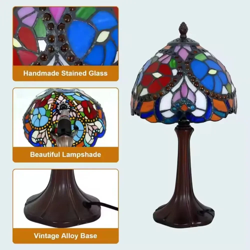 Luminária de mesa tiffany de 8 polegadas, barroca, artesanal, vitral, presentes, liga verde, libélula, lâmpada de leitura vintage