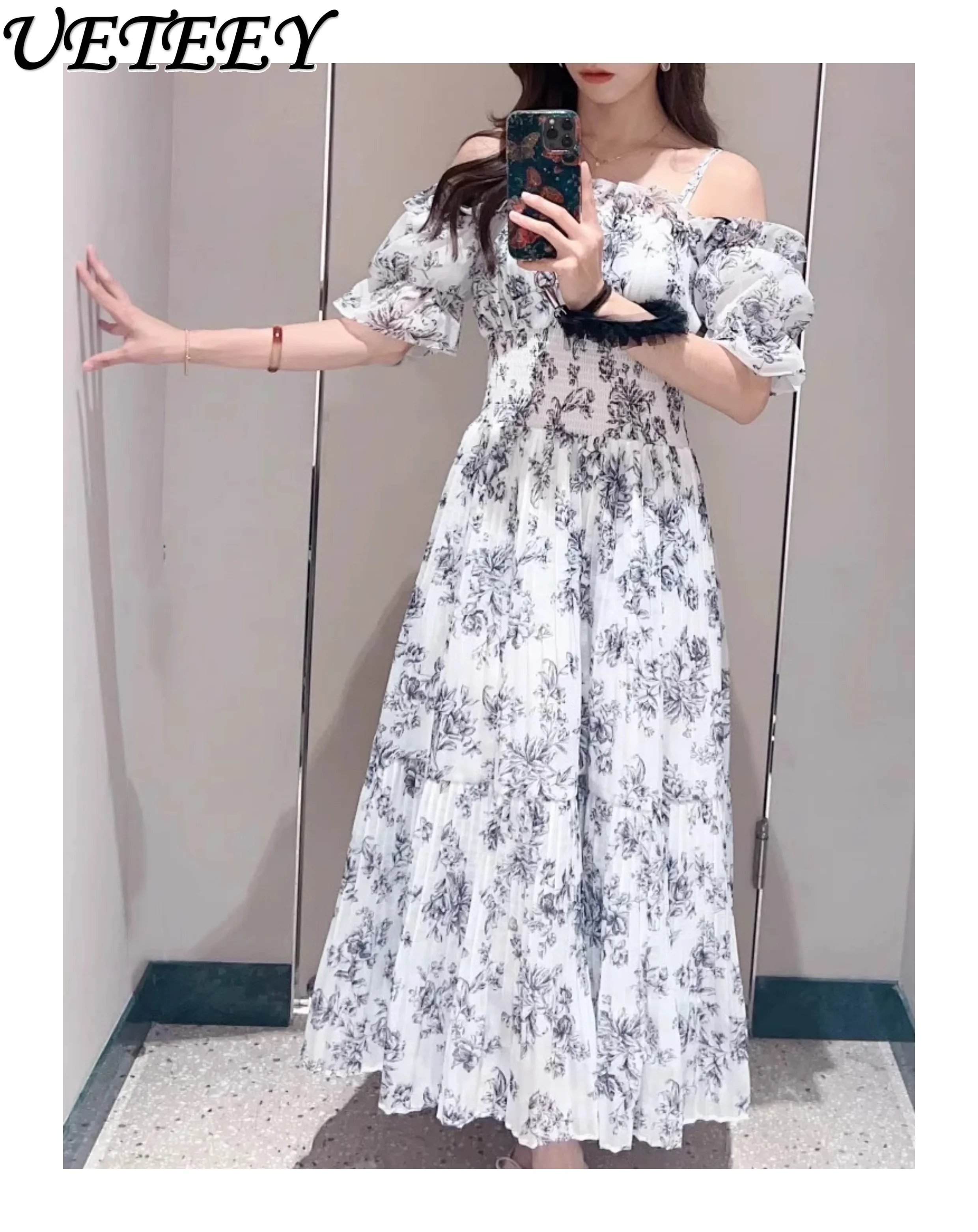 일본 달콤한 소녀 오프 숄더 프린트 서스펜더 드레스 하이 웨이스트 슬림 피팅 버블 반팔 플리츠 롱 드레스