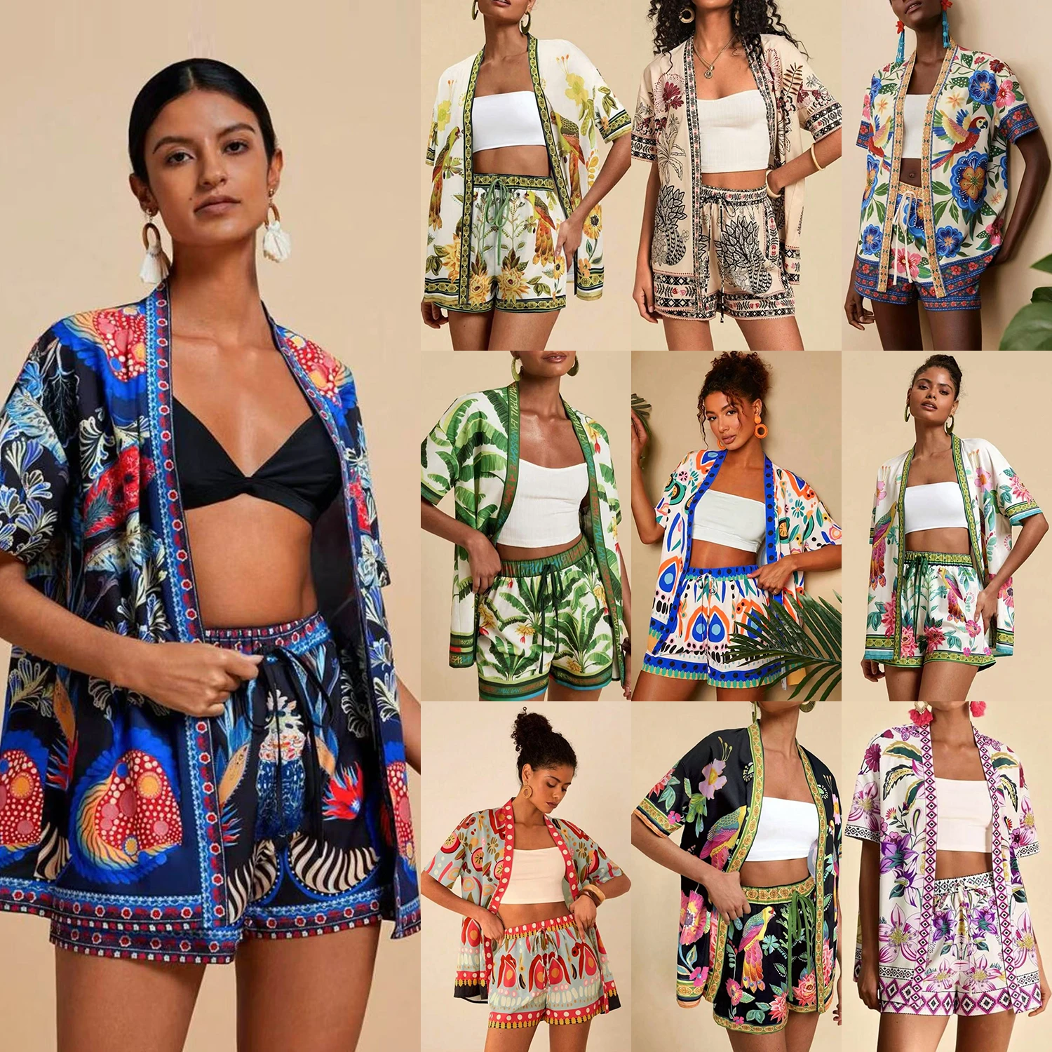 

Женский кардиган с цветочным принтом, сексуальный повседневный летний шорты, костюм