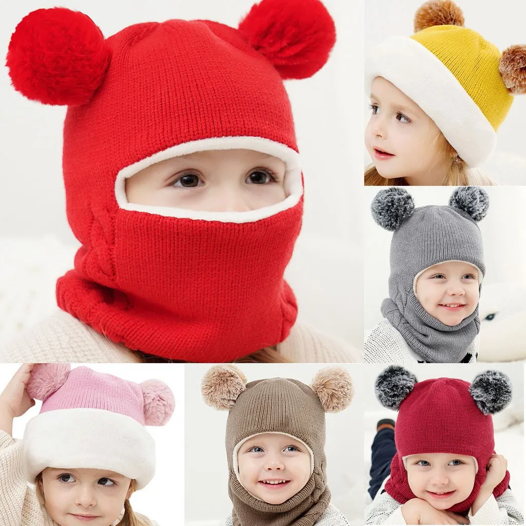 Cute Baby Pompom Cap Winter Knitted Ear Protection Balaclava Hat For Boy Girl Fleece Hooded Beanie Kids Warm One Piece Scarf Cap