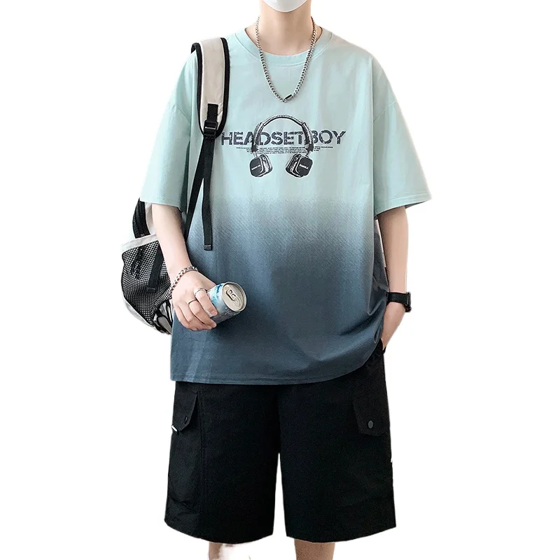 

【T-Shirt + Shorts】Men's Casual Set Summer Fashion Round Neck Top Cargo 5-point Pants Daily Travel Sports Leisure 2-Piece Outfit
