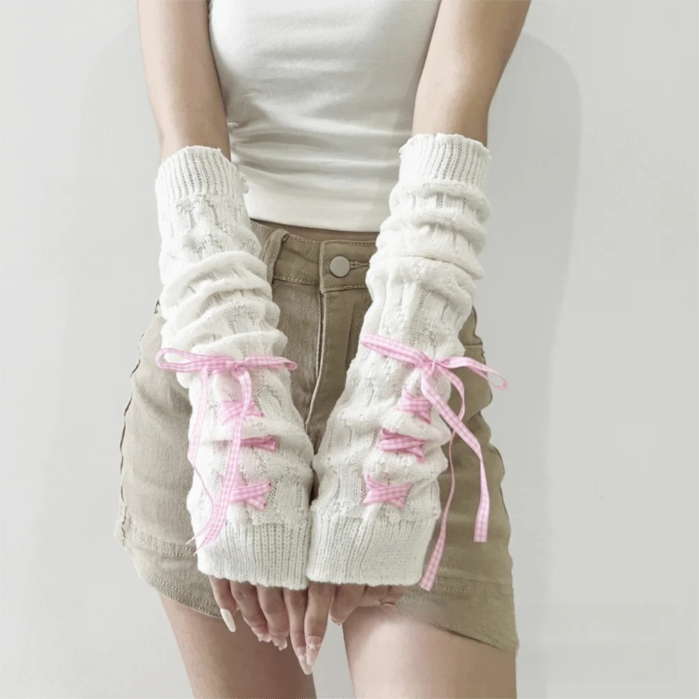 Neue lange Armwärmer-Handschuhe, gestrickt, kältebeständig, warme Armmanschette mit Band, fingerlose Handschuhe für Herbst und Winter
