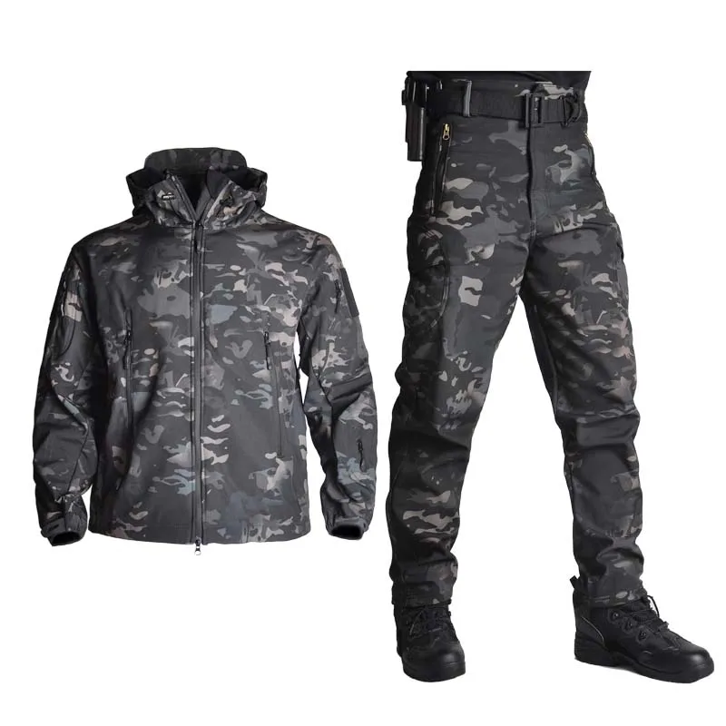 Tactical Suits Waterproof Sets Men Clothing Soft Shell Hooded Jackets+Multi-pocket Cargo Pants Windproof Hiking