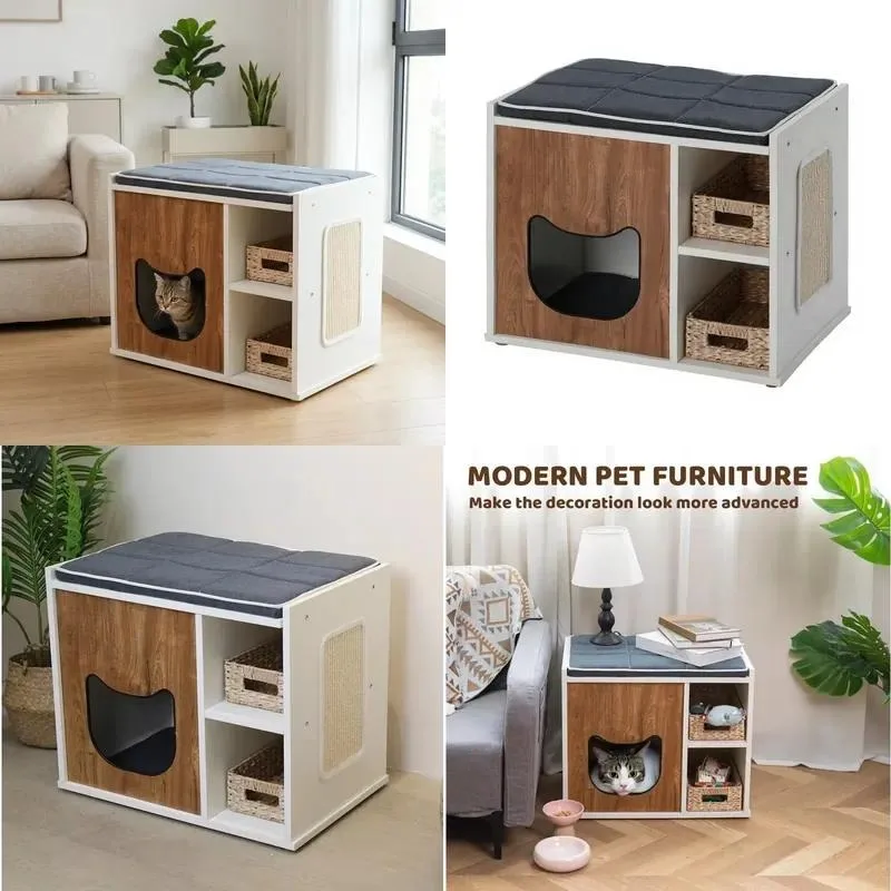 Modern Solid Wood Cat House Pet Furniture Storage Bench with Scratch Board Mat Bedside Table