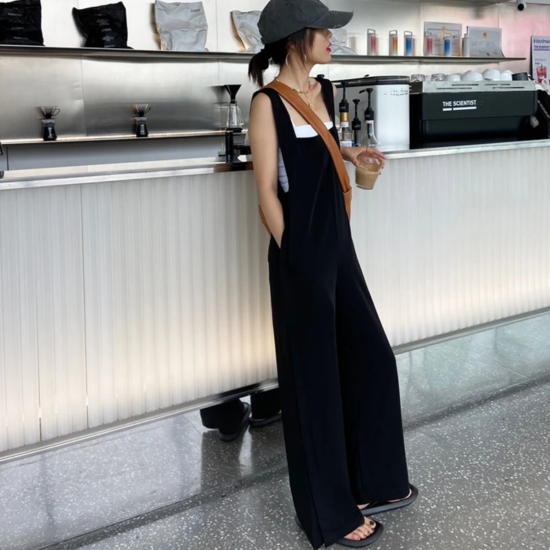 Johnature Black Casual Sleeveless Loose Jumpsuits 2024 Summer New Korean All Match Full Length Wide Leg Pockets Women Bodysuits