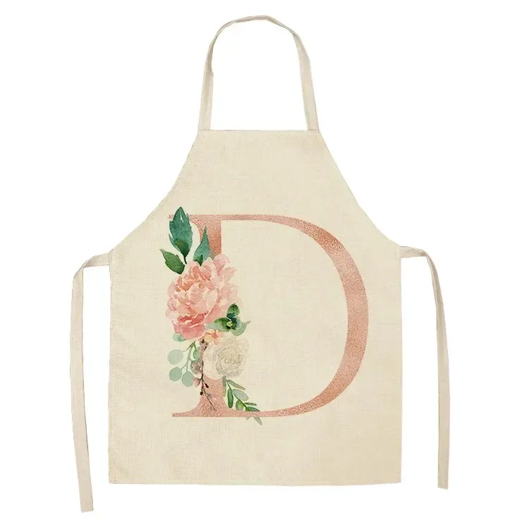 Pink Letter Flower Kitchen Aprons for Women Cotton Linen Bibs Household Cleaning Pinafore Home Cooking Apron