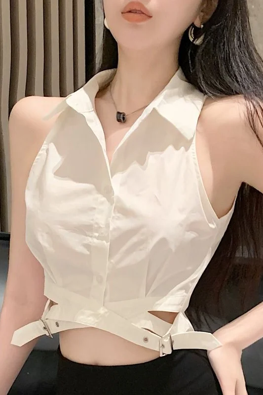 Chic Hot Girl Temperament Polo Kraag Shirt Mouwloos Vest Dames Onregelmatige Korte Top