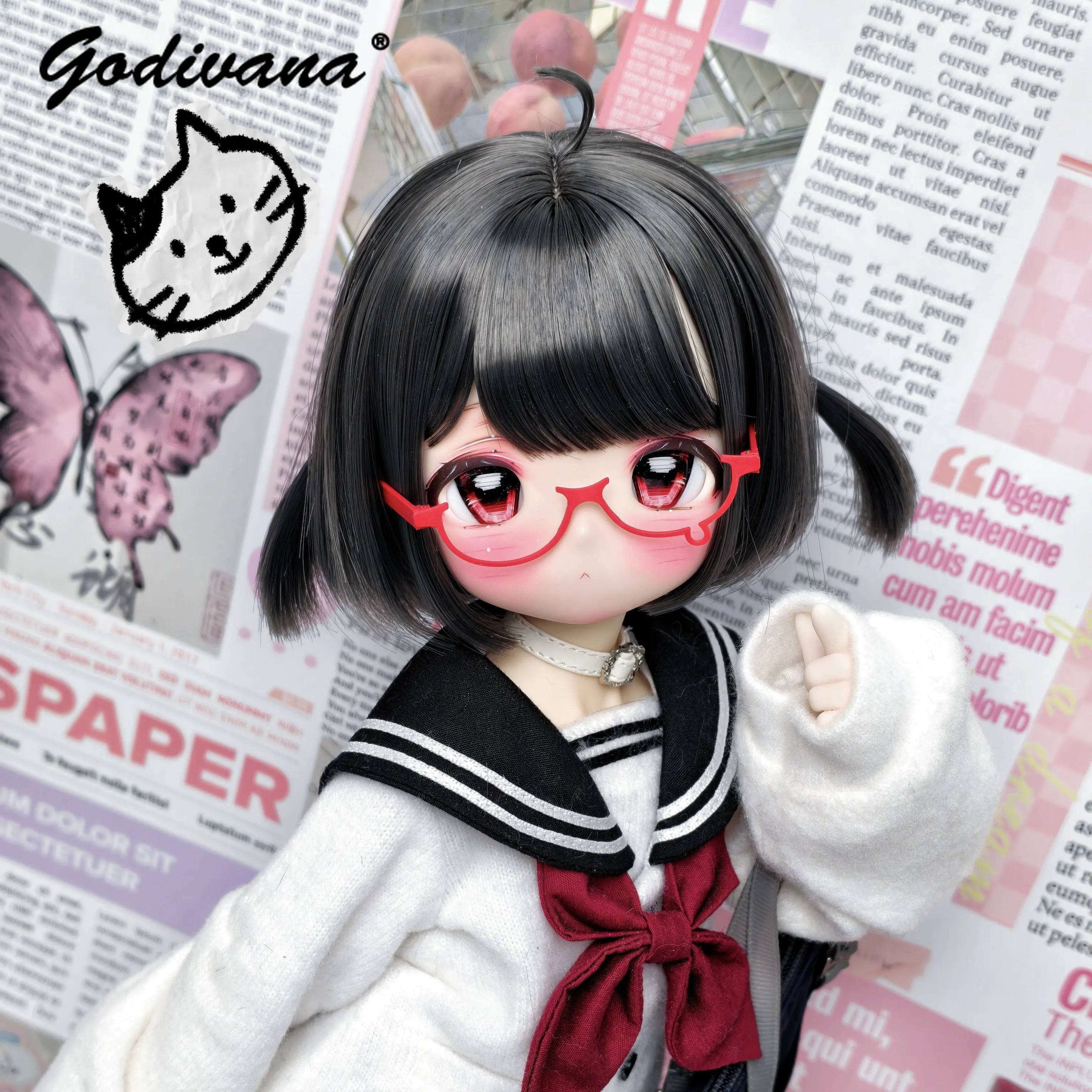 Finished Hand-Styled BJD Doll Wig, Anime Short Bob with Ahoge & Twin Side Pigtails, Fit 1/3 BJD 1/6 Doll