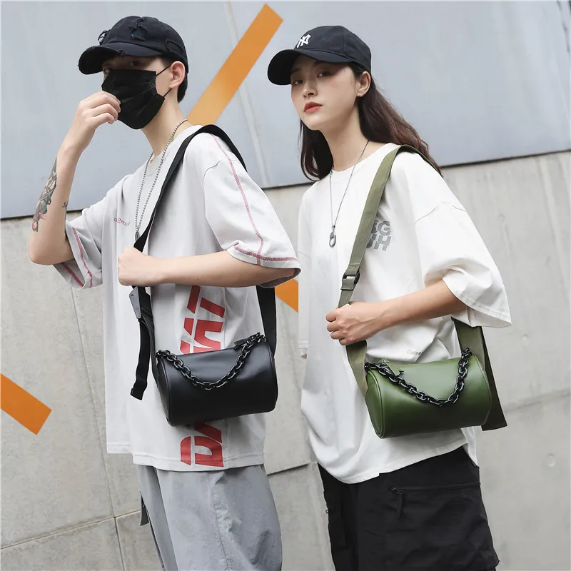 MOODS Women's Shoulder Bags PU Leather Couples Tooling Pouch Street Hip Hop Bags Luxury Handbags Unisex Messenger Barrel Purses