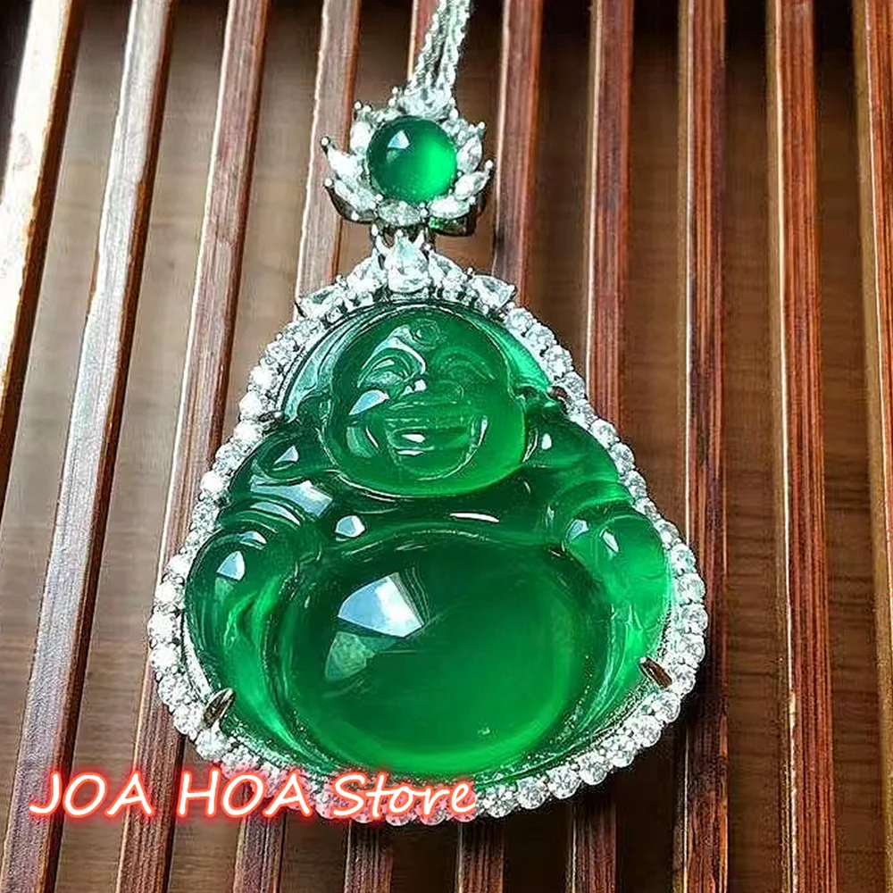 Top Quality 925 Silver Inlaid Natural Green Color Jadeite Pendant Hand-Carved  Polished Necklace Exquisite Chain Fine Jewelry