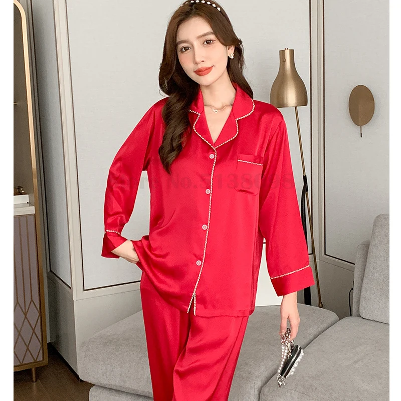 Bride Burgundy 2PCS Pajamas Sexy Lapel Bow Sleepwear Female Lingerie Home Clothes Silk Satin Loose Casual Nightwear Loungewear