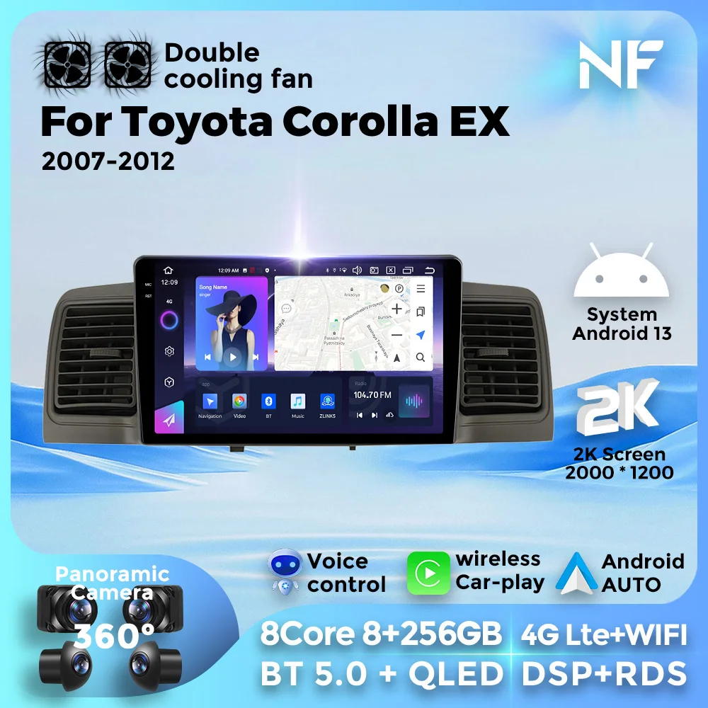 For Toyota Corolla EX 2007-2012 Multimedia Video Player GPS Navigation 2Din Stereo Autoplay Wireless Android 13 4G WIFI 256GB BT