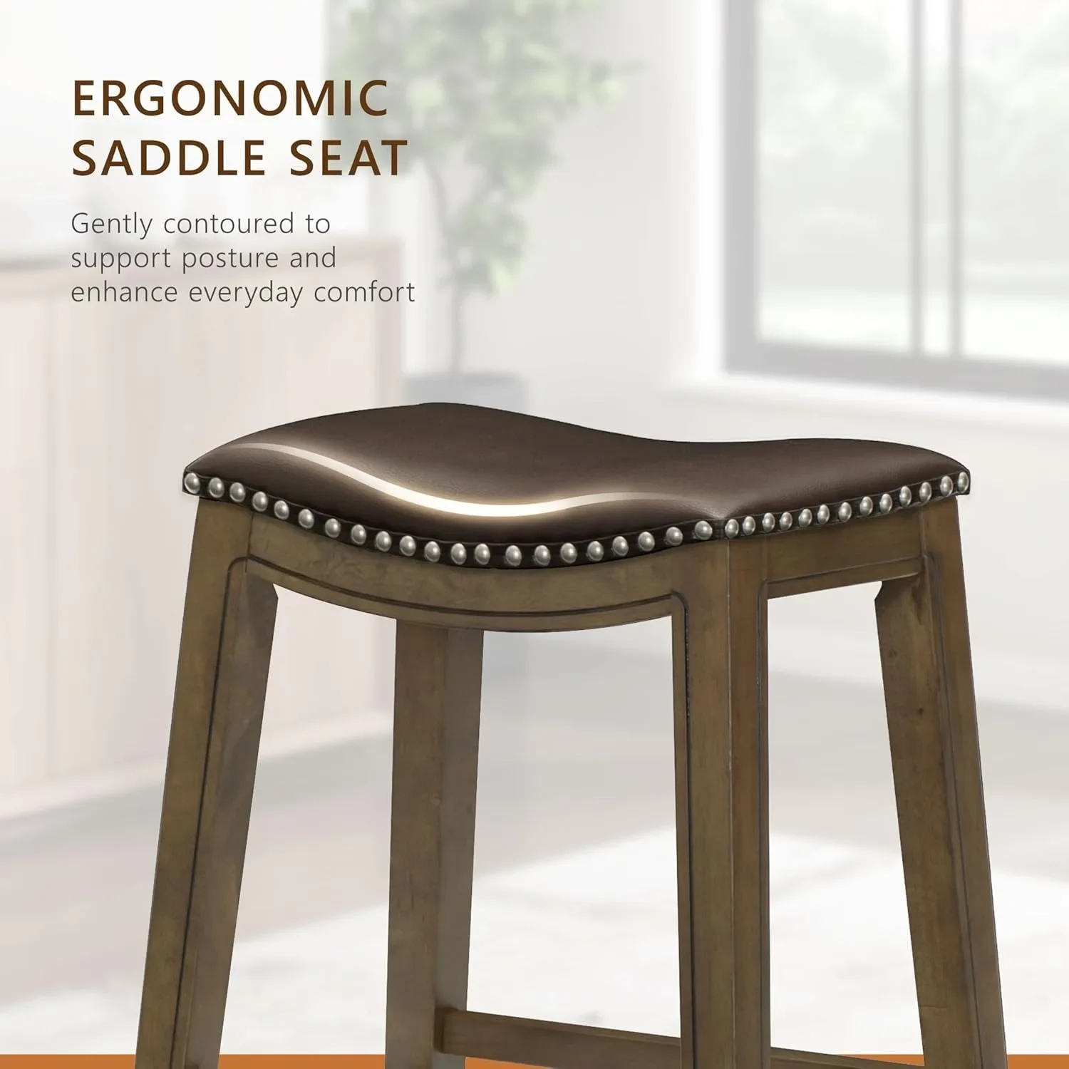 Solid Wood Counter Stool - Kitchen Dining Saddle Seat Stool, Armless Counter Height Chair for Bar Island Breakfast Nook