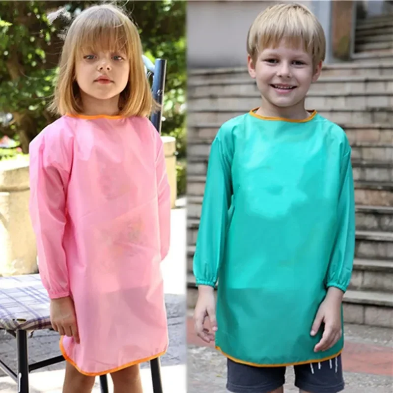 Unisex Apron Candy Color Front Pocket  Long Sleeve Waterproof Non-Woven Fabric Apron  Painting craft  Art Kitchen Aprons 4-12y