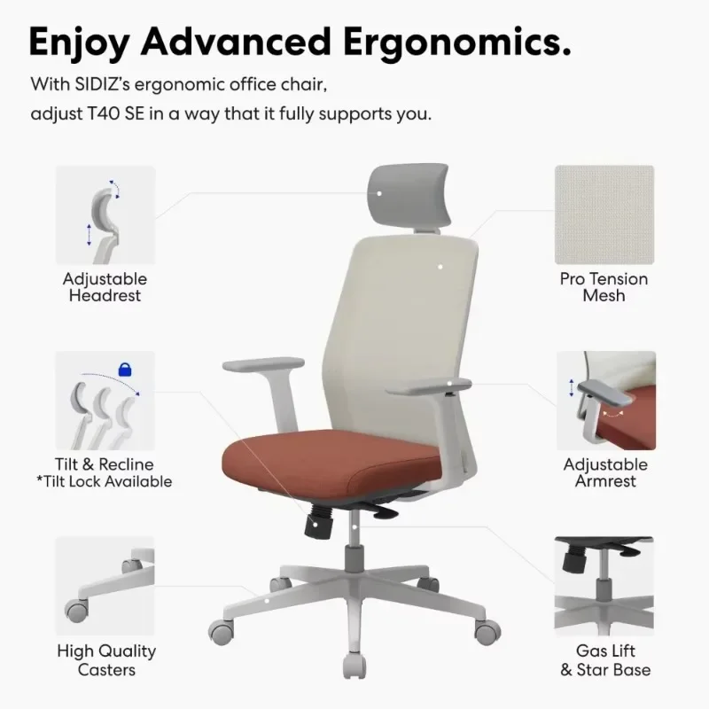 Chaise de Bureau Ergonomique Confortable avec Verrouillage Inclinable, Repose-Sauna, Accoudoirs 3D, Chaise de Bureau d'Ordinateur