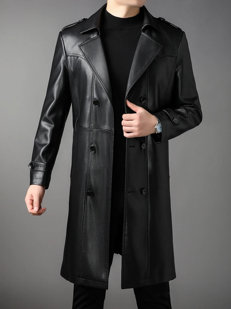 Men\'s Leather Clothing Autumn and Winter Long Lapel Imitation Leather Coat Windbreaker with Belt Jacket Men\'s Coat