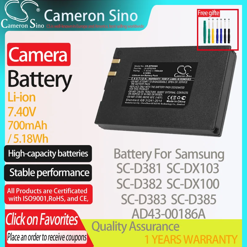 CameronSino Battery for Samsung SC-D381 SC-D382 SC-D383 SC-D385 SC-DX100 fits Samsung AD43-00186A Digital camera Batteries 7.40V