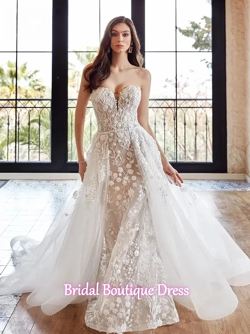 Personalizzato staccabile 2 in 1 abito da sposa a sirena che borda pizzo ricamo innamorato tromba abiti da sposa treno Vestido De