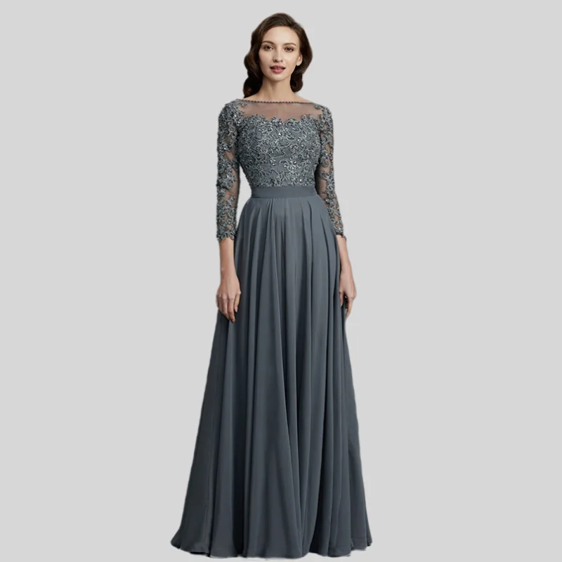 

Gray Mother Of The Bride Dresses A-line 3/4 Sleeves Chiffon Appliques Beaded Plus Size Long Groom Mother Dresses For Wedding