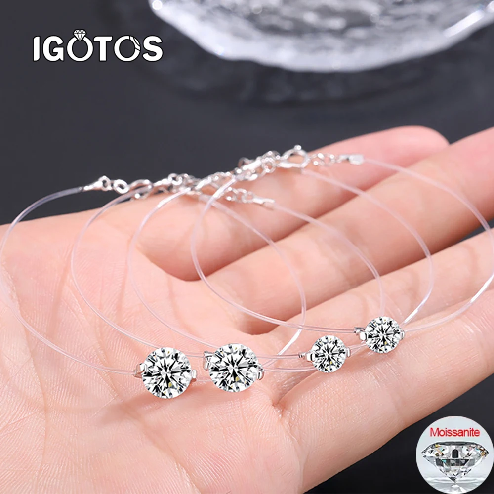 

IGOTOS 6/8/9mm Moissanite Bracelet for Women Transparent Fishing Line Diamond Hand Chain S925 Sterling Silver Certified Jewelry