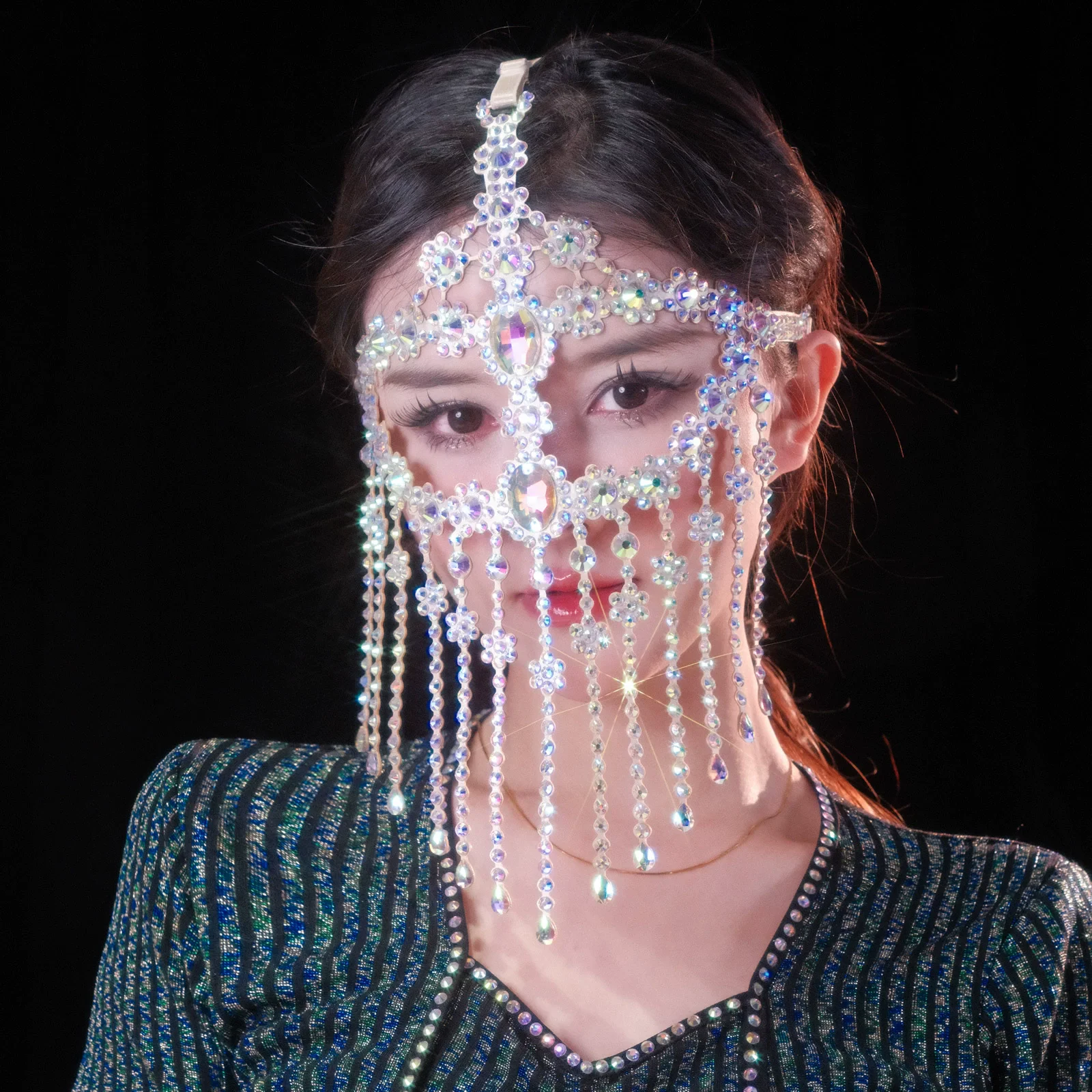 Atualizar mais brilhando de alta qualidade ab vidro strass borla véu máscaras máscara facial completa festa de máscaras dança do ventre jóias faciais