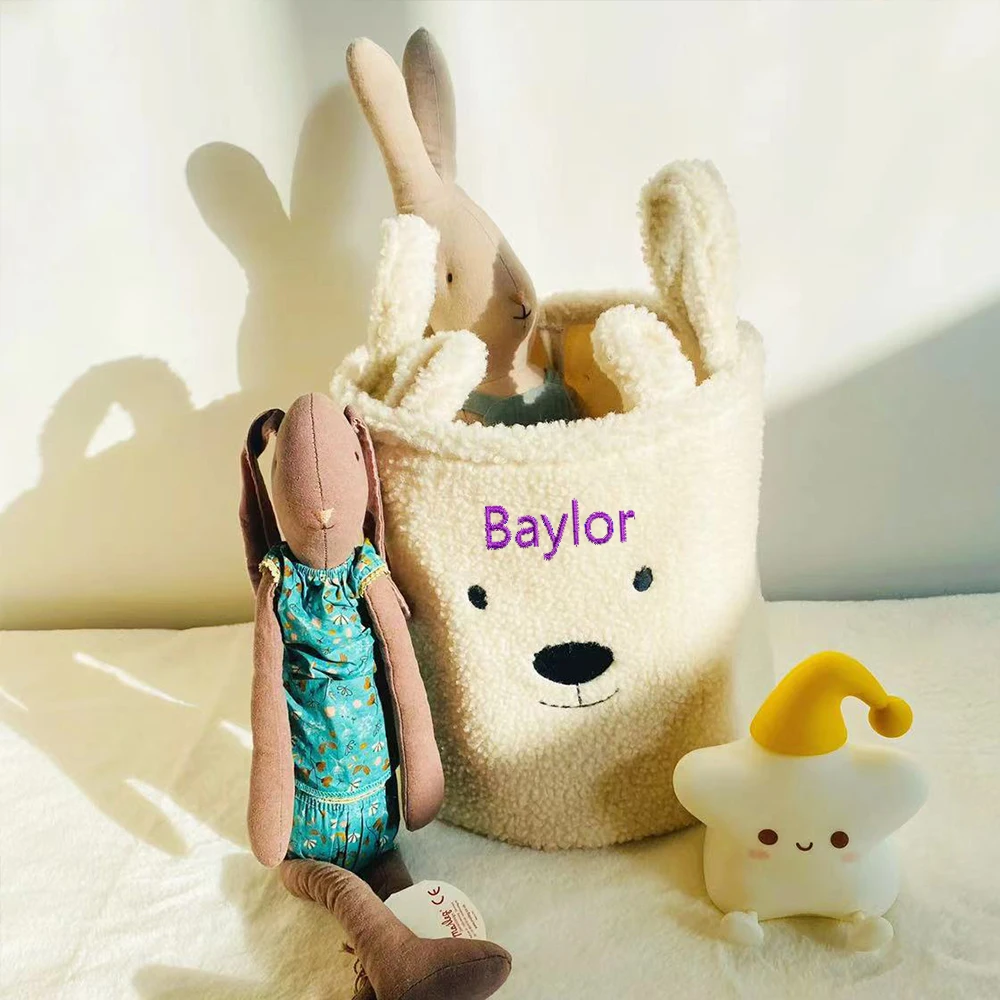 

Customized Storage Basket Toy Snack Frame Dirty Cloth Basket Embroidered Bear Head Lamb Canvas Basket with Name Storage Gift Bag