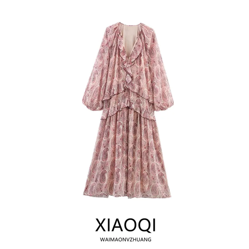 E em camadas decoração imprão vestido de manga longa nova coleção verão moda fena estilo viagem com decote em v...