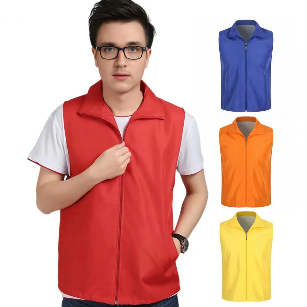 

Outdoor Work Vest Lapel Sleeveless Zipper Closure Wear-Resistant Bright Color Large Pockets Reflective Strips Safety Vest