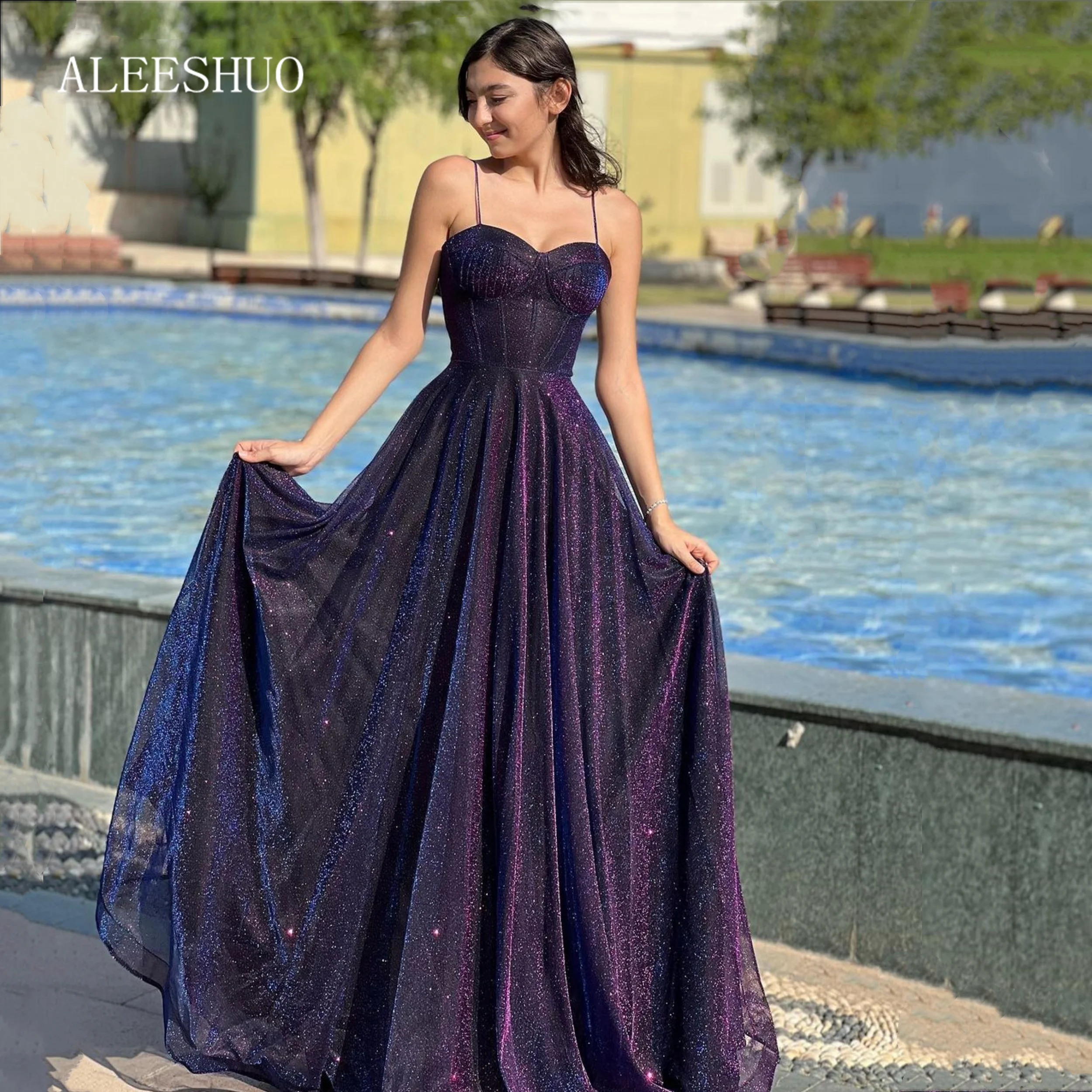 Aleeshuo Shiny Sparkly Dark Purple Long Evening Dresses Women Spaghetti Strap Boning Fitted Slim Glitter Prom Gowns Formal Party