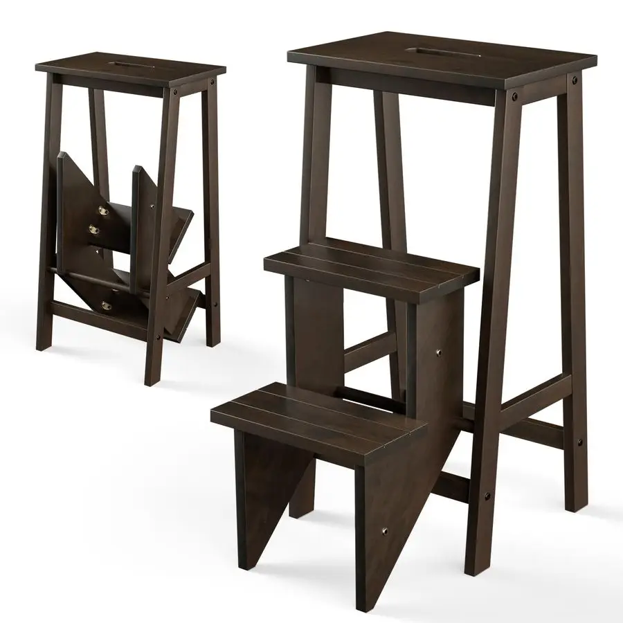 

Folding 3 Step Stool, 3 in 1 Wooden Step Ladder with Handle, NonSlip Pedal, Multifunctional Storage Shelf, Flower Rack for Kitc