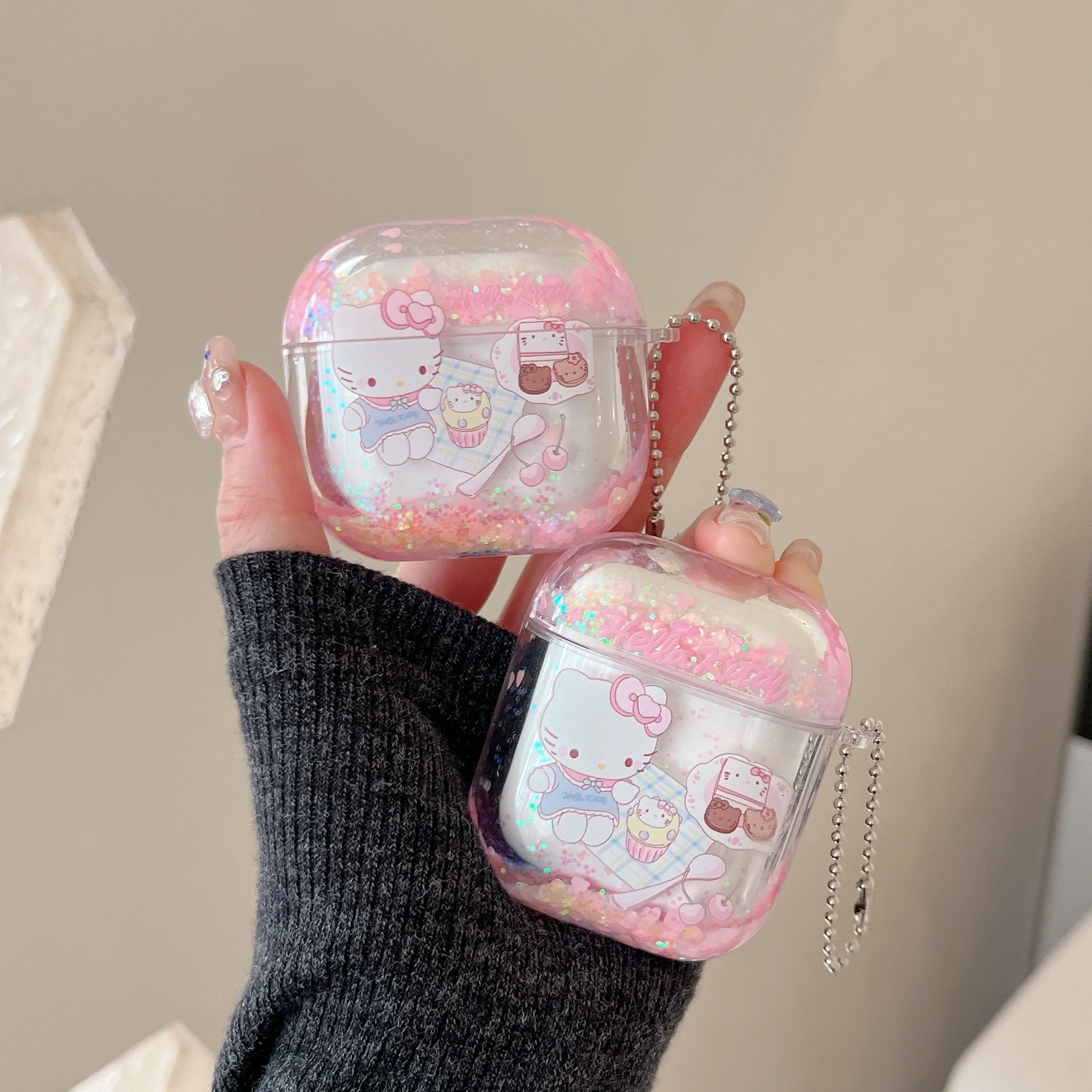 

New Glitter pink Sanrio Cute Anti-fall Hello kitty Quicksand Headphone Cover Cartoon Anime Cool For Airpods 4, 2, 3, 1,Pro, Pro2