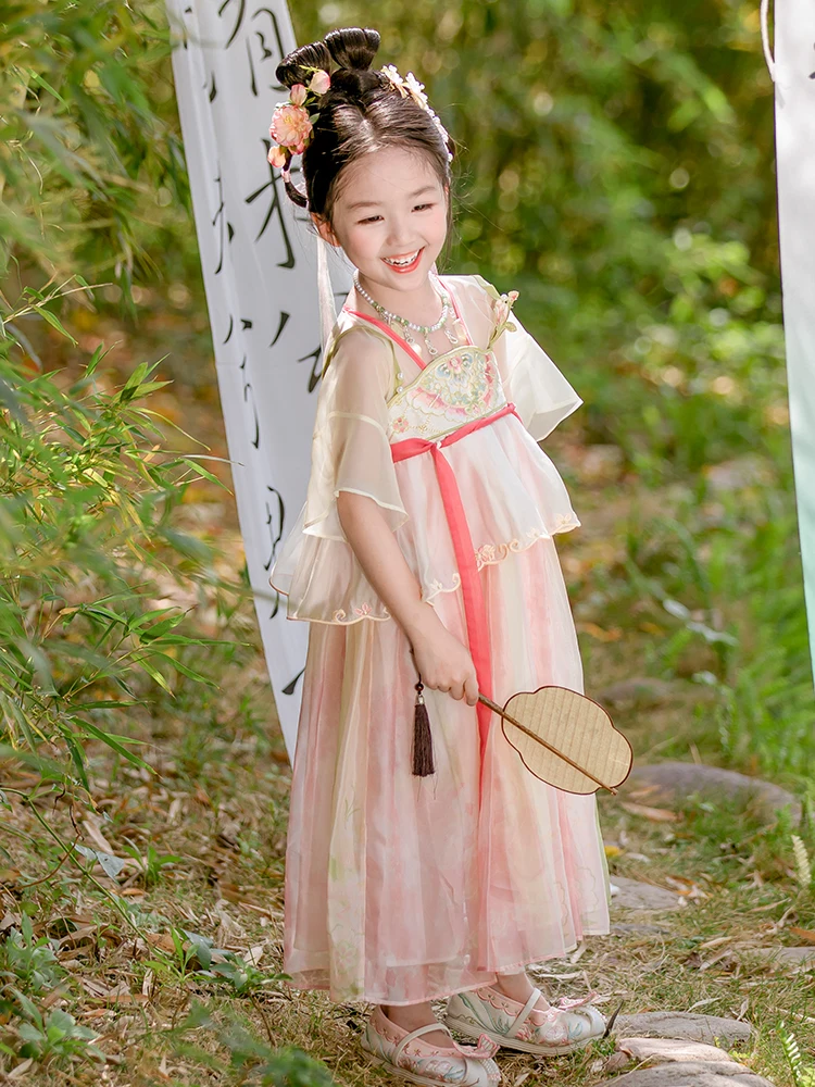Hanfu ชุดเดรสฤดูร้อนของเด็กผู้หญิงใหม่2024สไตล์โบราณกระโปรงปักสไตล์เด็กผู้หญิงตัวเล็กชุดจีนสไตล์จีน