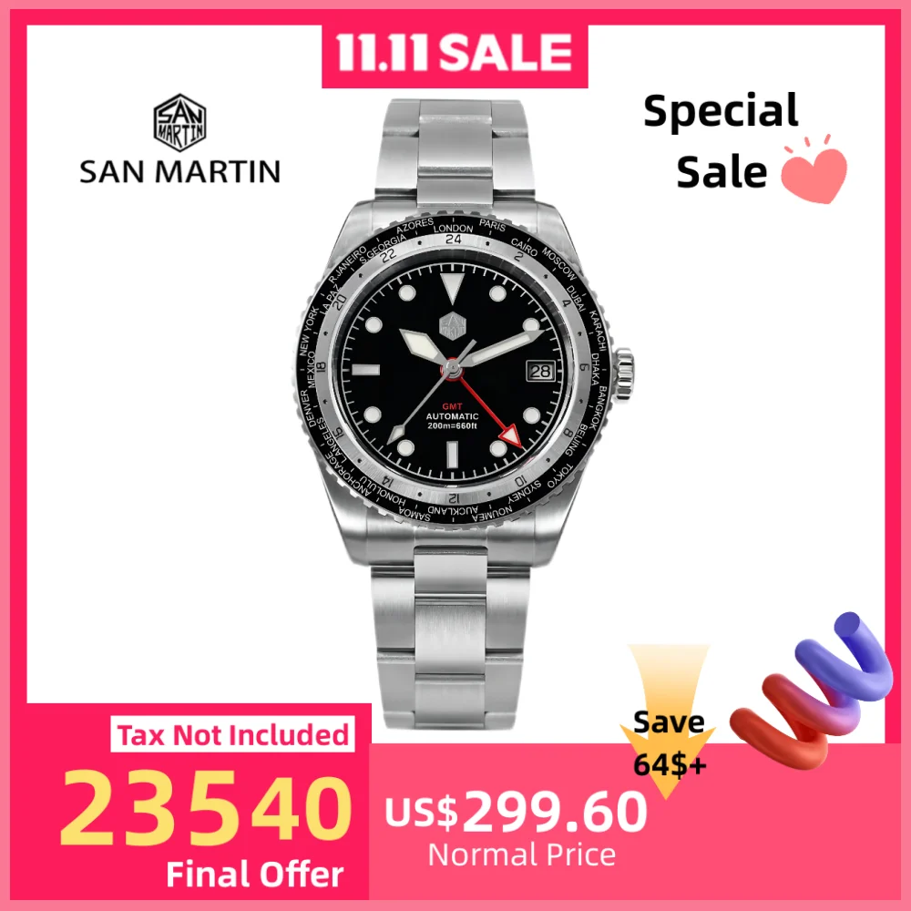 

San Martin 38mm NH34 Sapphire Glass GMT Men's Mechanical Automatic Watch Luminous Male Wristwatch Date 20Bar Waterproof SN0112G