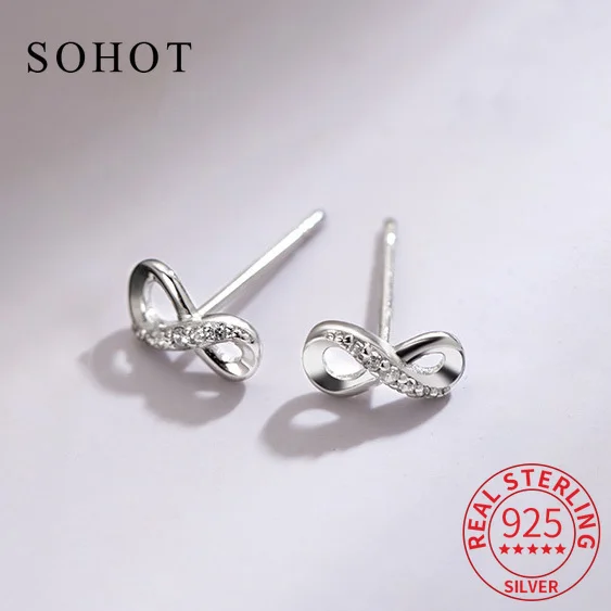 Real 925 Sterling Silver Zircon Mobius Stud Earrings para mulheres, joias personalizadas na moda, acessórios geométricos minimalistas