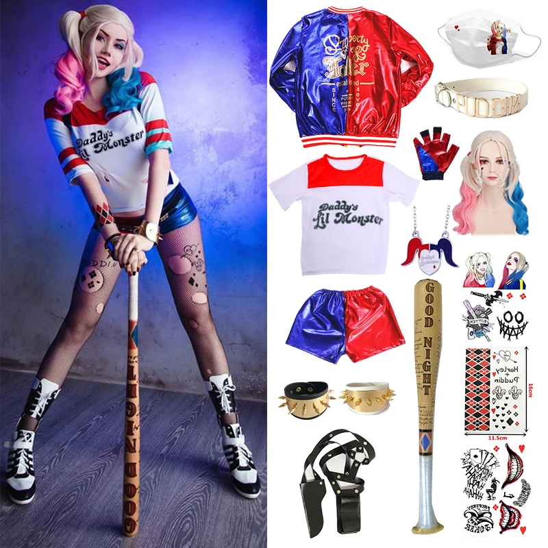 Costumes Cosplay Harleen Quinzel pour Femme Adulte, Vêtements d'Halloween, Veste, Accessoires, Ensemble Complet