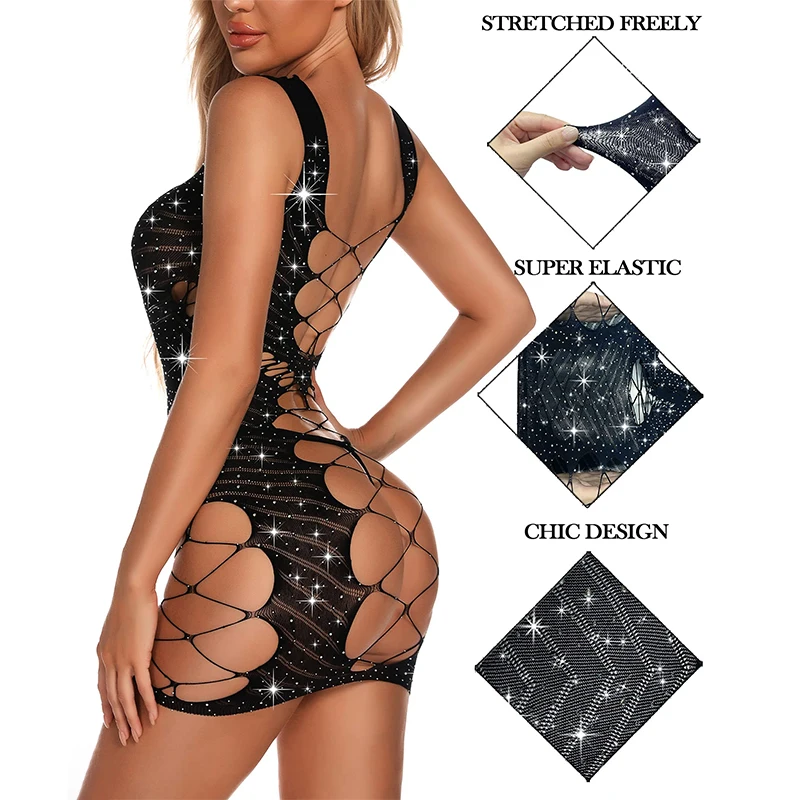 Sexy women hollowed out hip wrap skirt with Dress mesh rhinestones Y2K costume party club dress slim fit cross backless Dresses