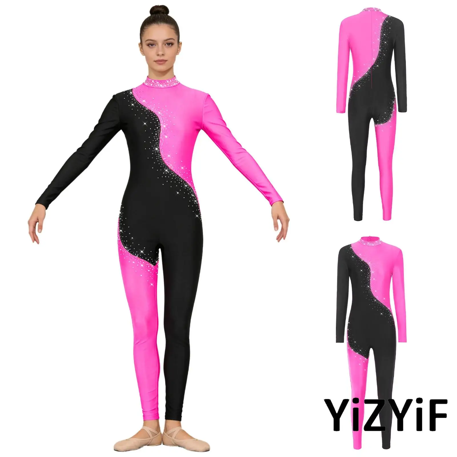 

Full Body Dance Unitard for Women Rhinestone Detail Long Sleeve Pants Back Zipper Color Block for Gymnastics Ballet Skating
