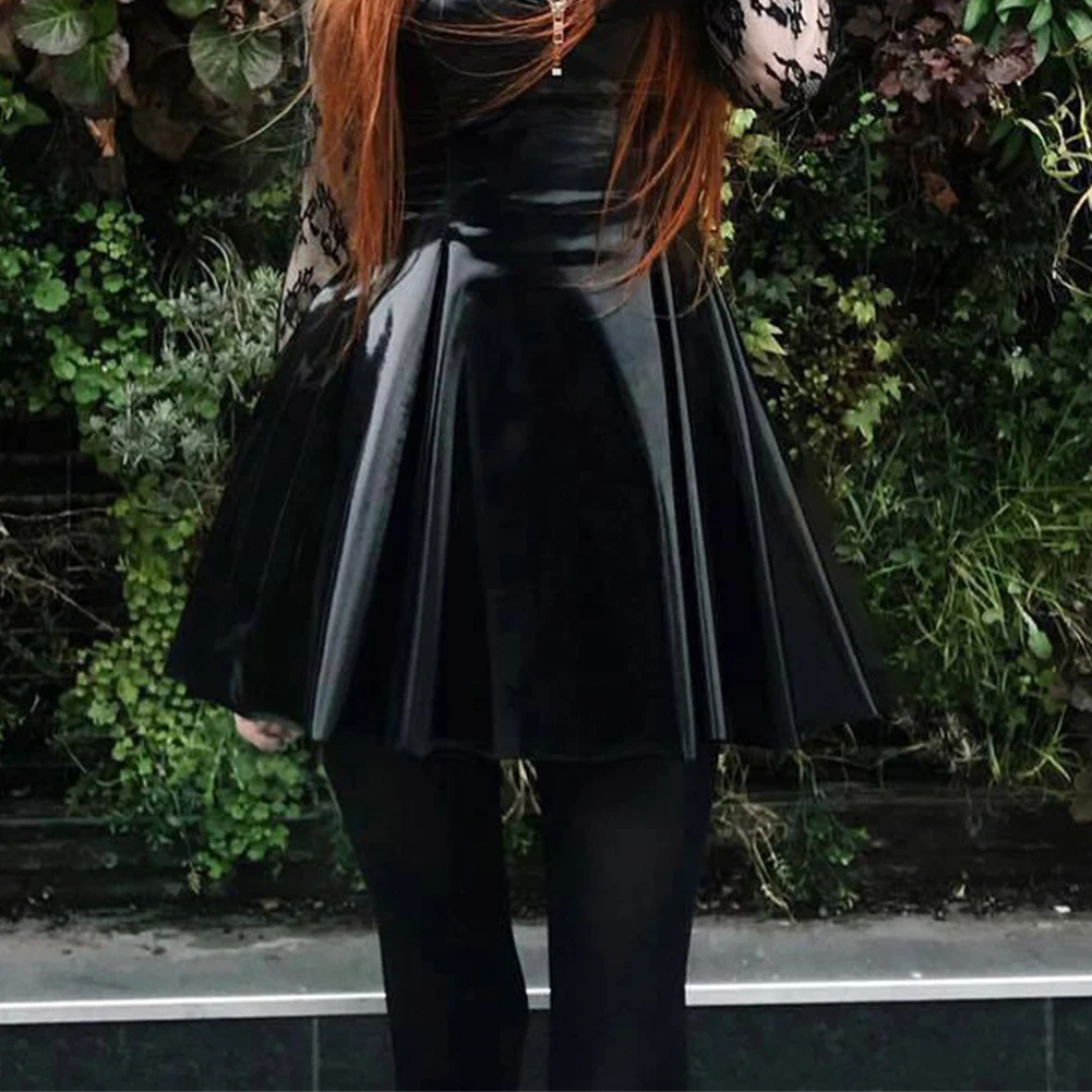 

Sexy Shinny Wet Look PVC Leather Pleated Skirt For Women Solid Black A Line Party Clubwear Dance Mini Skirts Clothing