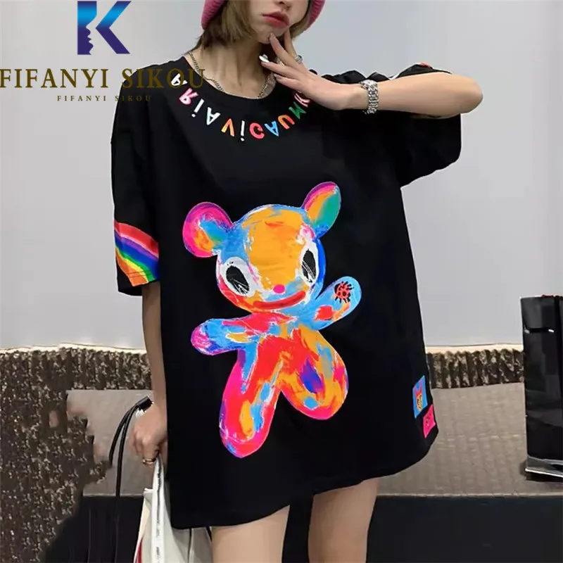 Cartoon Print T-Shirt Women Streetwear 2024 Summer O-Neck Short Sleeve T Shirt Fashion Graffiti Loose Tops Casual Tees Female