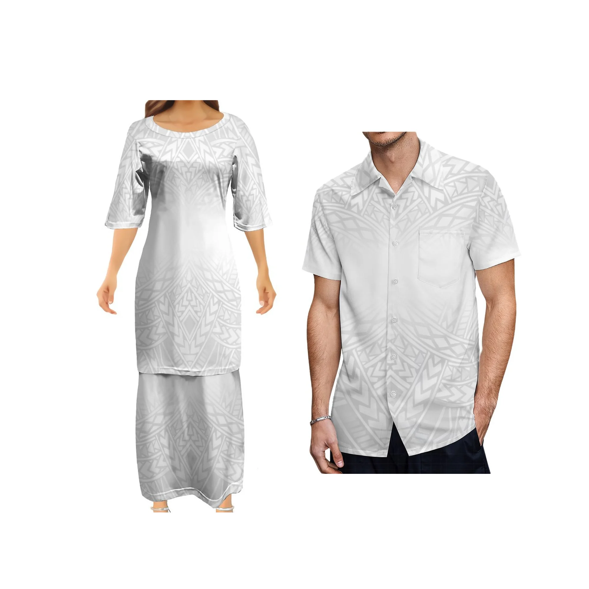 Personalizza la festa della mamma Samoan Puletasi Samoa girocollo polinesiano tribale bianco lungo Maxi gonna a due pezzi Set abiti donna