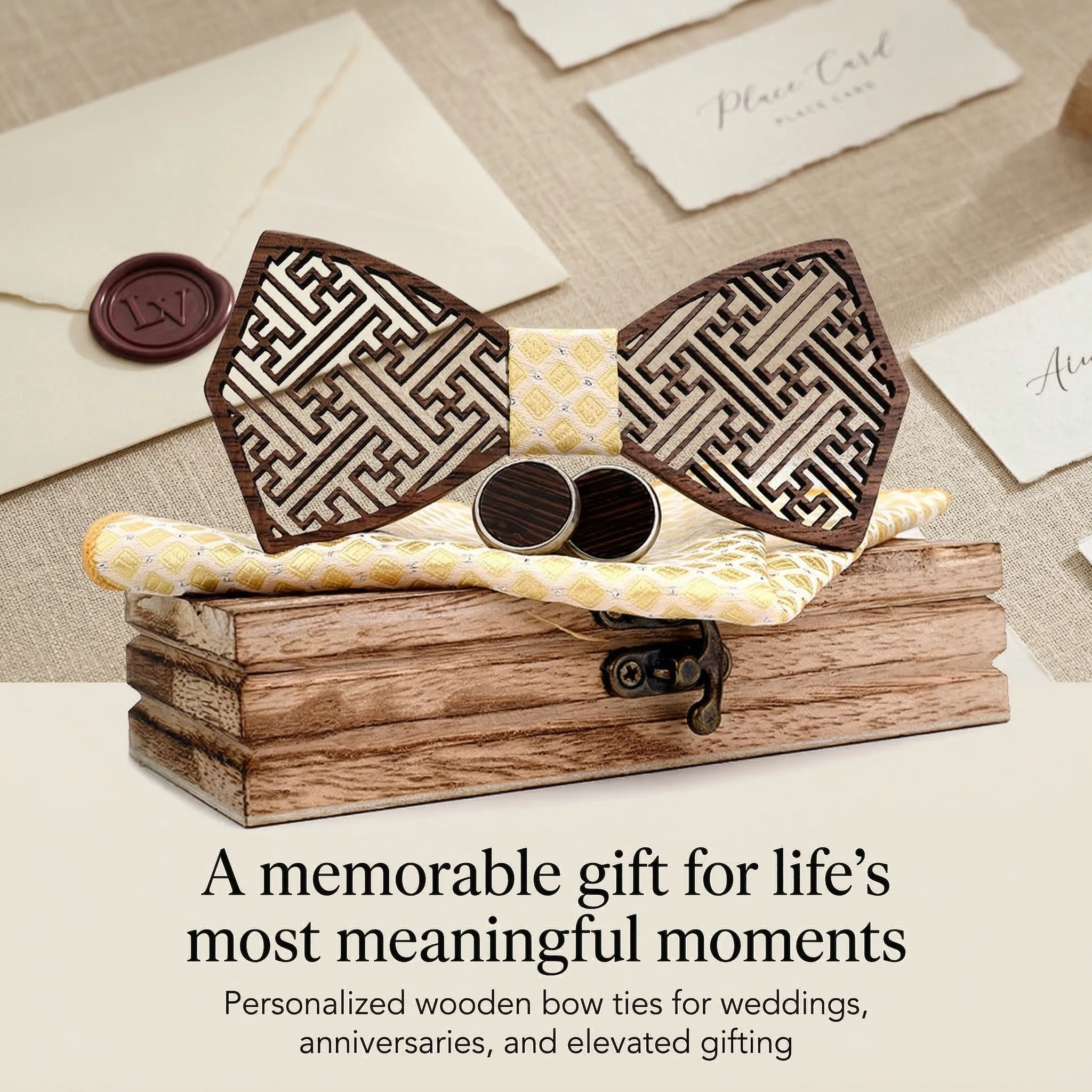 Mahoosive Men Bow Tie Set Wood Handmade Natural Gift Box Pocket Square Cufflinks Christmas Birthday Gift Gift Gift