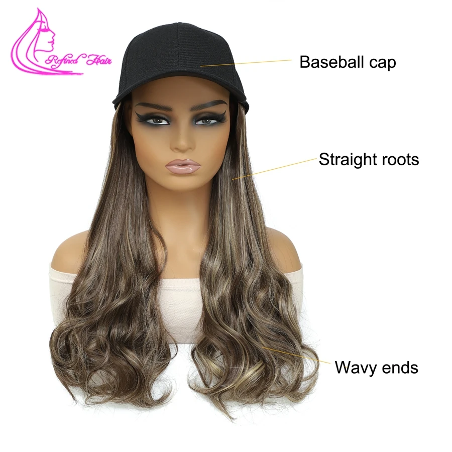 Synthetic Wave Wig 18inch Long Baseball Cap Wig with Curly End Hair Extension for Women Adjustable Brown Black Baseball Hat Wig