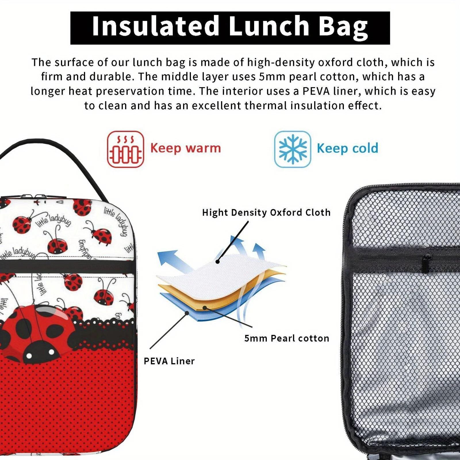 Ladybug Portable Reusable Cooler Bag, Holiday Gift, Birthday Gift, Lunch Bag for Travel, Outdoor Necessities