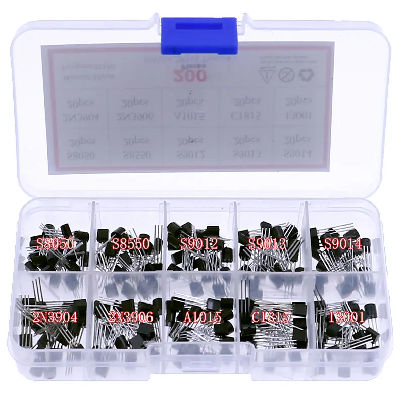 200pcs 10 Values Transistor Assortment Kit With Storage Box S8050 S8550 S9012 S9013 S9014 2N3904 2N3906 A1015 C1815 13001