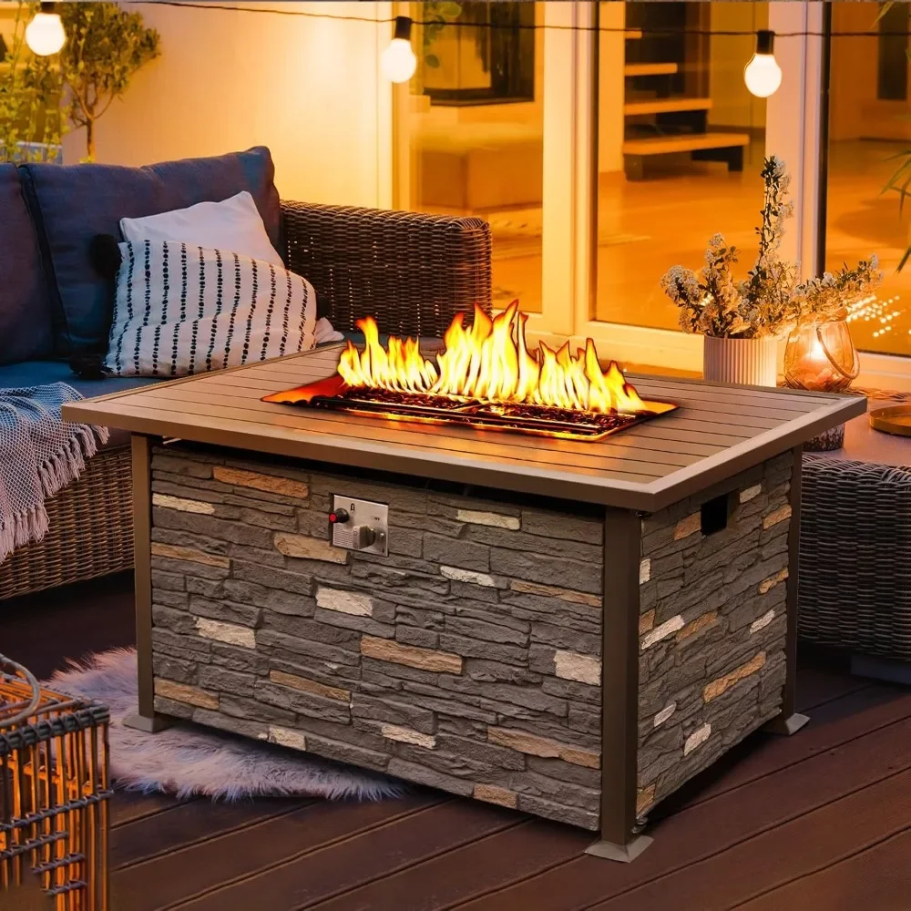 

48 INCH Propane Fire Pit Outdoor Fire Table w/Faux Ledgestone Base, 50,000 BTU Gas Fire Pit Table w/Aluminum Table Top