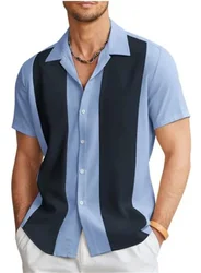 Simple and personalized multi-color striped print men's short-sleeved casual shirt, comfortable and elegant men's top