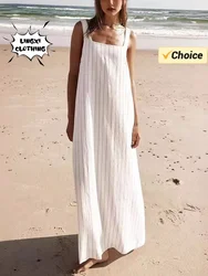 2024 Summer Fashion Vacation Women's Dress Basic Striped Square Neck Sleeveless Suspended Pants Elegant Beach Robe